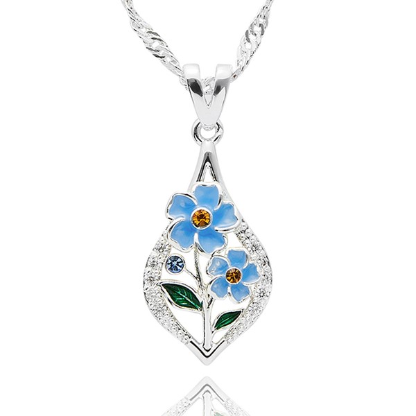 Equilibrium Forget Me Not silver plated teardrop necklace with blue floral enamel detail