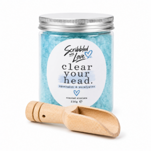 Clear Your Head spearmint and eucalyptus scented sizzlers by Scribbled with Love in a jar with wooden scoop