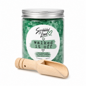 Walked It Off Pine, Airy Aldehydes & Woods Scented Sizzlers by Scribbled with Love in a reusable jar with wooden scoop