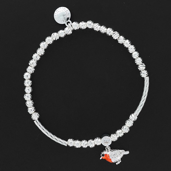 Silver-plated robin charm bracelet with faceted beads and crystal detail on a card reading "Robins appear when Angels are near".
