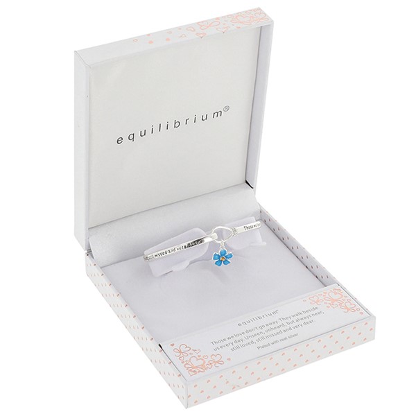 Equilibrium Forget Me Not memorial bangle bracelet with blue flower charm and engraved remembrance message.