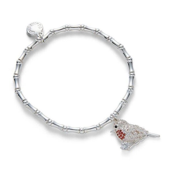 Silver-plated Equilibrium bracelet with sparkling crystal robin charm displayed on a sentiment card reading "Robins appear when Angels are near".