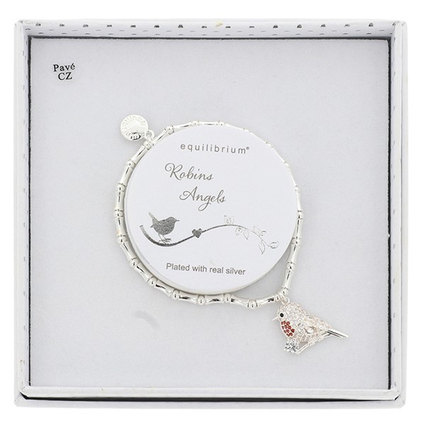 Silver-plated Equilibrium bracelet with sparkling crystal robin charm displayed on a sentiment card reading "Robins appear when Angels are near".