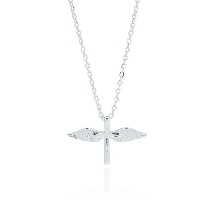 Guardian Angel Cross Silver Plated Wings Necklace