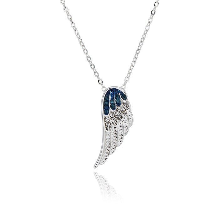 Guardian Angel Silver Plated Blue Clear Wings Necklace