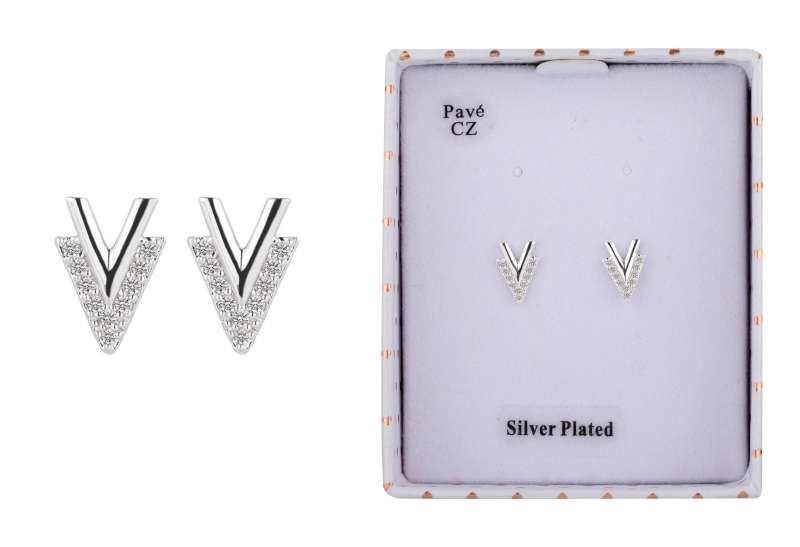 Geometric V Silver Plated cz Stud Earrings by Equilibrium - Image 2