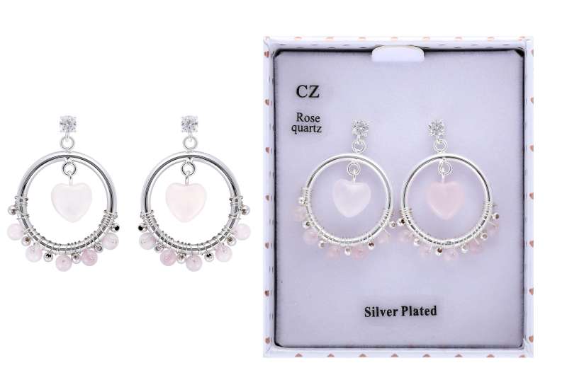 Gem Stone Silver Plated Hoop Earrings Rose Quartz - Image 2