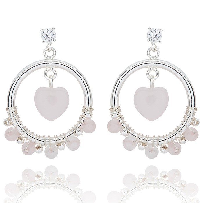 Gem Stone Silver Plated Hoop Earrings Rose Quartz