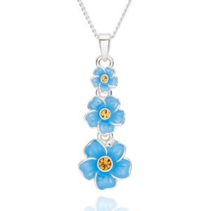 Equilibrium silver-plated Forget Me Not necklace featuring three blue flowers with crystal centres.