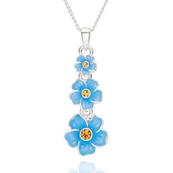Equilibrium silver-plated Forget Me Not necklace featuring three blue flowers with crystal centres.