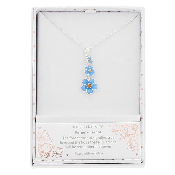 Equilibrium silver-plated Forget Me Not necklace featuring three blue flowers with crystal centres.