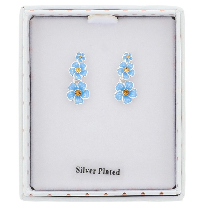 Equilibrium silver plated Forget Me Not flower drop earrings featuring blue enamel flowers and sparkling crystal centres