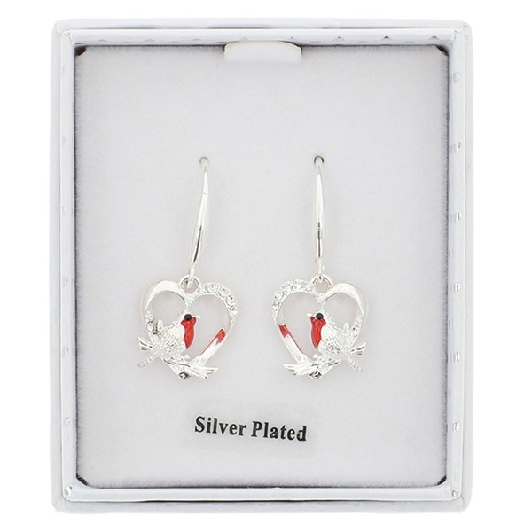 Equilibrium silver plated robin heart earrings presented in a white gift box.