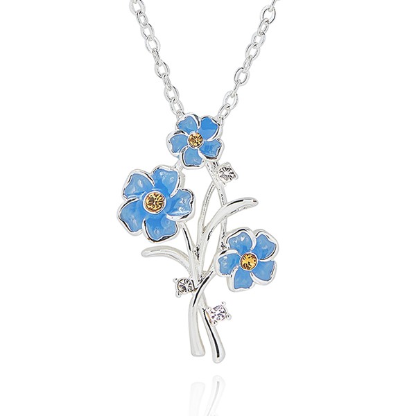Equilibrium silver plated Forget Me Not flower necklace with blue enamel flowers and crystal accents.