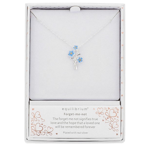 Equilibrium silver plated Forget Me Not flower necklace with blue enamel flowers and crystal accents.