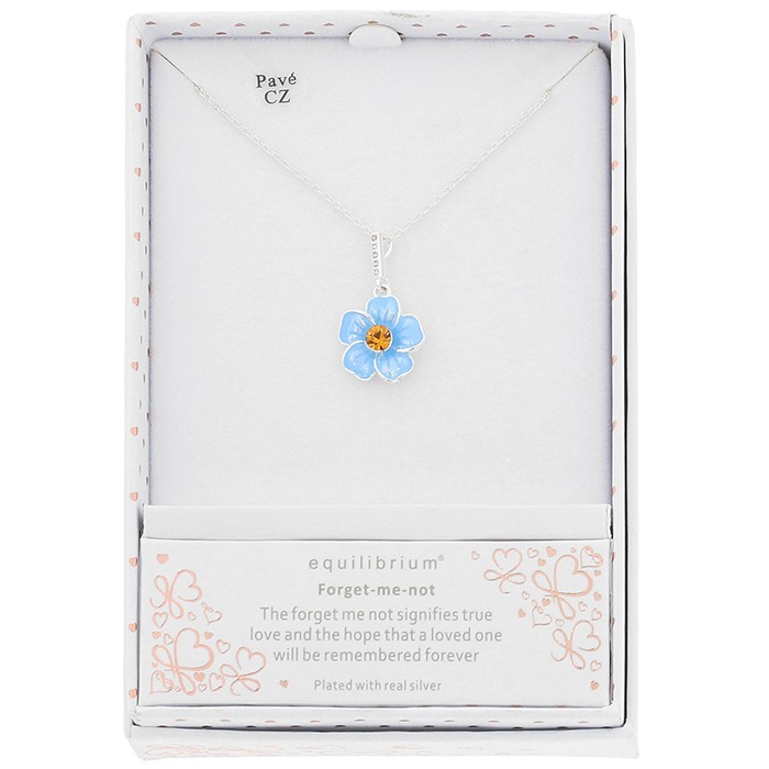Equilibrium Forget Me Not silver plated necklace featuring a blue enamel flower pendant with crystal centre.