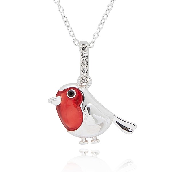 Silver-plated robin pendant necklace with red enamel-effect breast and crystal detail presented in an Equilibrium gift box.