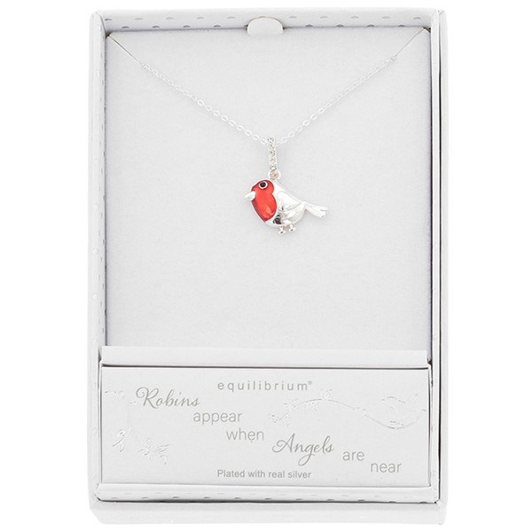 Silver-plated robin pendant necklace with red enamel-effect breast and crystal detail presented in an Equilibrium gift box.
