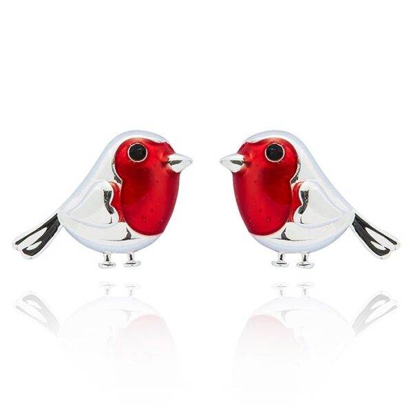 Silver-plated robin stud earrings with red enamel detailing presented in a white gift box