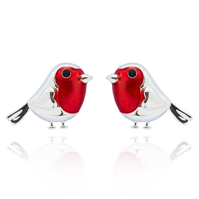 Silver-plated robin stud earrings with red enamel detailing presented in a white gift box