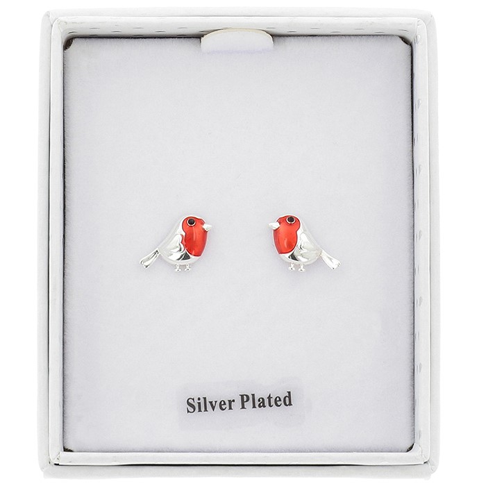 Silver-plated robin stud earrings with red enamel detailing presented in a white gift box.