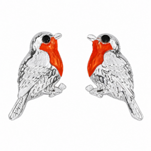 Equilibrium silver plated robin stud earrings with red enamel breast detailing.