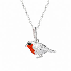Equilibrium silver plated robin necklace with red enamel breast and crystal detail pendant.