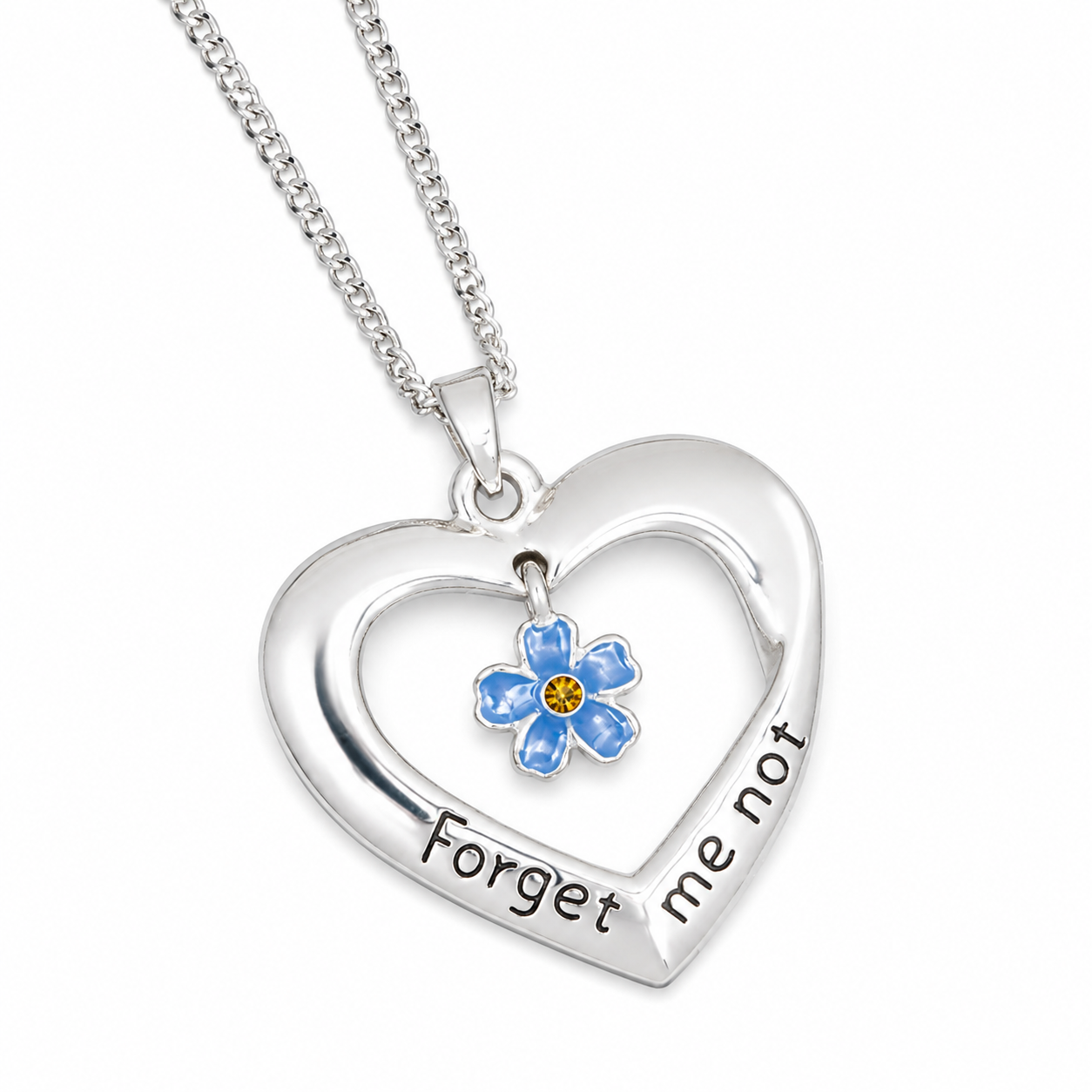 Silver plated Equilibrium Forget Me Not heart necklace featuring a blue flower charm and engraved Forget Me Not sentiment.