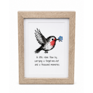 Robin remembrance framed print featuring a forget-me-not flower and memorial quote from the Little Hellos collection by Scribbled with Love.