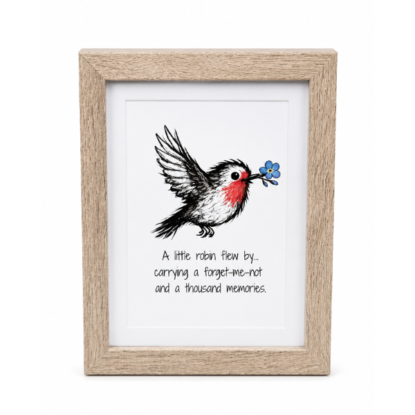 Robin remembrance framed print featuring a forget-me-not flower and memorial quote from the Little Hellos collection by Scribbled with Love.