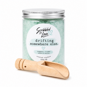Drifting Somewhere Else Bergamot, Coconut, Amber & Vanilla Scented Sizzlers by Scribbled with Love in a reusable jar with wooden scoop