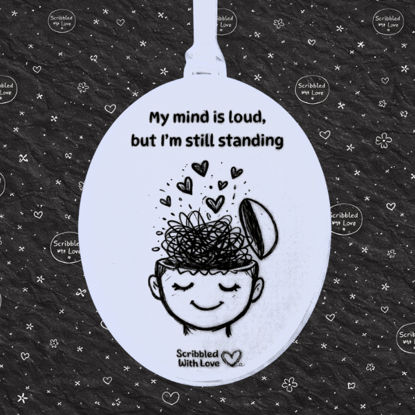 Scribbled with Love Mental Health Plaque – “My Mind Is Loud, But I’m Still Standing”