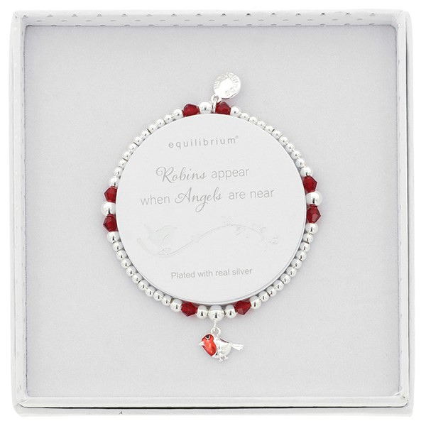Silver-plated Equilibrium robin bracelet with red crystal beads and robin charm, presented on a sentiment card reading "Robins appear when Angels are near".