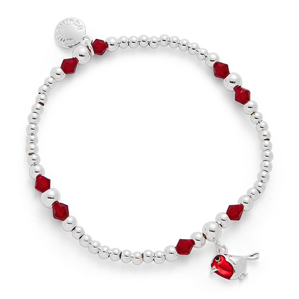 Silver-plated Equilibrium robin bracelet with red crystal beads and robin charm, presented on a sentiment card reading "Robins appear when Angels are near".