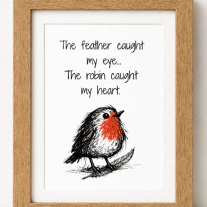 Robin framed print featuring a feather and robin illustration with the quote The feather caught my eye, the robin caught my heart from the Scribbled with Love Little Hellos Collection.