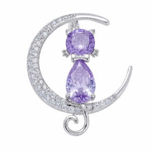 Equilibrium Cat Purple On The Moon Silver  Plated Brooch