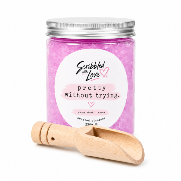 Pretty Without Trying Peony Blush & Suede Scented Sizzlers by Scribbled with Love in a reusable jar with wooden scoop