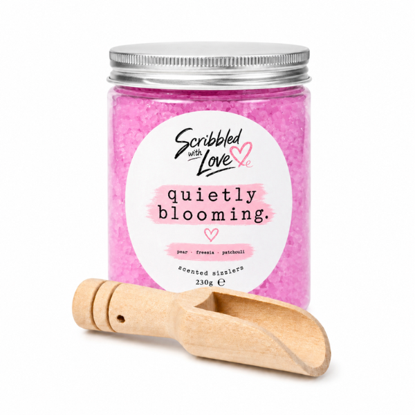 Quietly Blooming Pear, Freesia & Patchouli Scented Sizzlers by Scribbled with Love in a reusable jar with wooden scoop