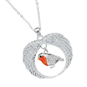 Silver-plated robin necklace featuring a robin charm suspended within angel wings on a delicate chain.