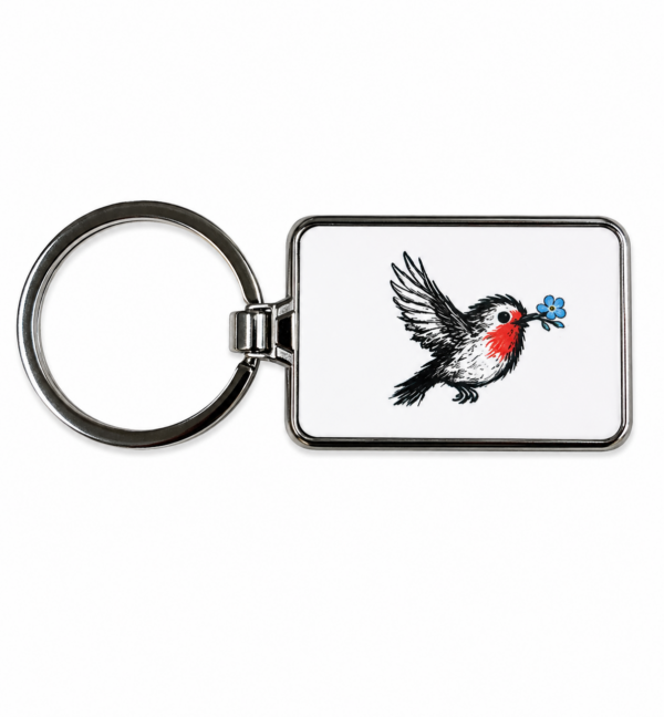 Robin keyring featuring a forget-me-not flower from the Little Hellos Collection by Scribbled with Love.