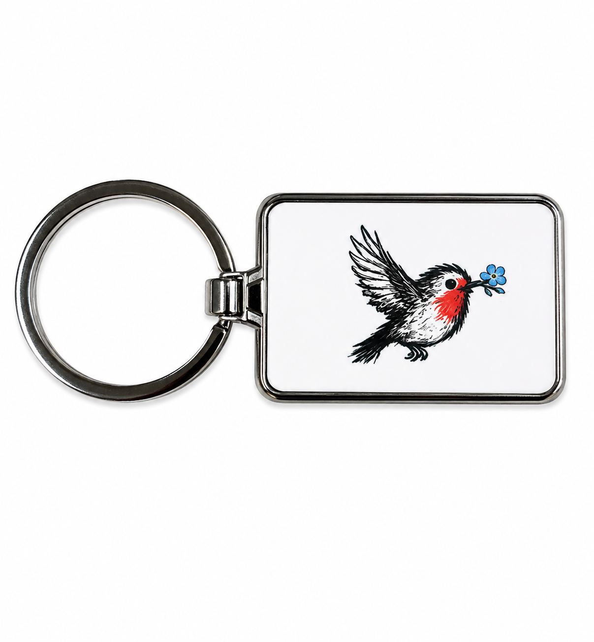 Robin keyring featuring a forget-me-not flower from the Little Hellos Collection by Scribbled with Love.