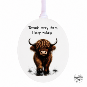 Through every storm Highland Cow encouragement plaque