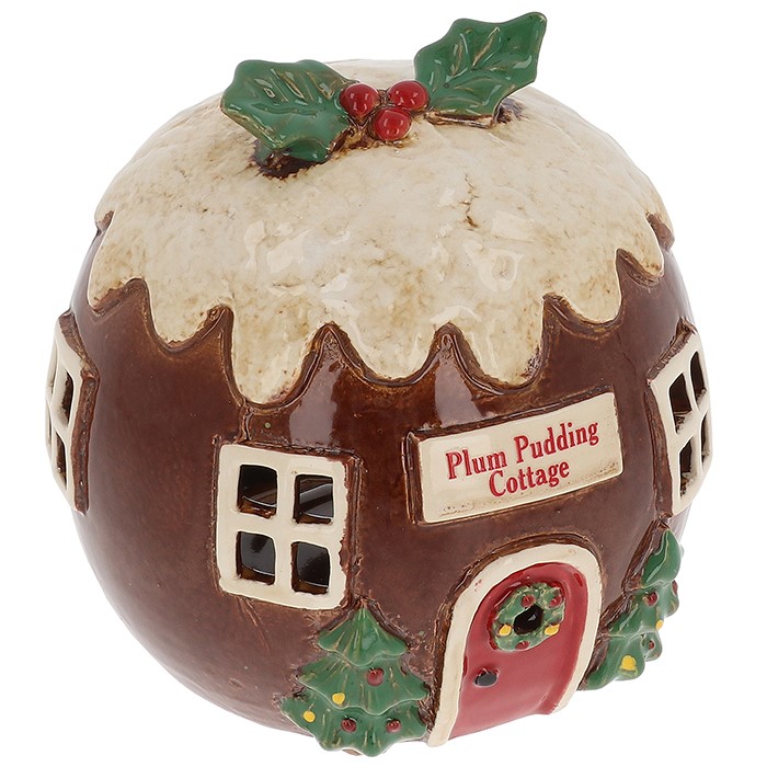 Village Pottery Xmas Plum Pudding Cottage Tealight - Image 2