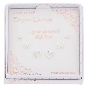 3 Pairs Silver Plated Earrings Bow Heart Cubic