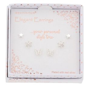 3 Pairs Silver Plated Earrings Butterfly Flower