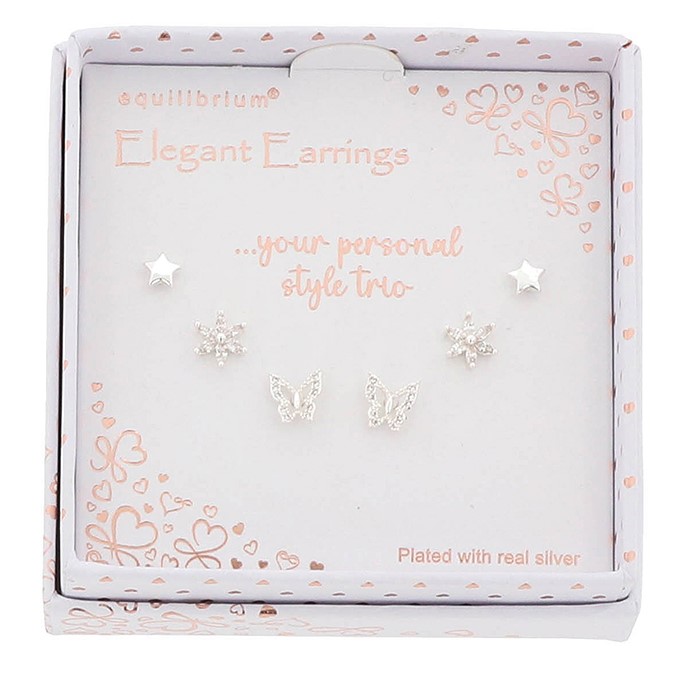 3 Pairs Silver Plated Earrings Butterfly Flower